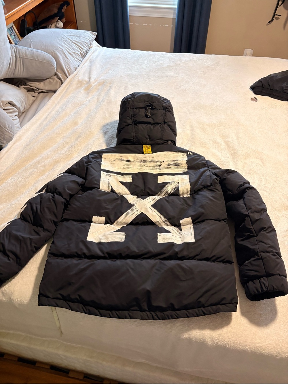 Extremely Rare Off White Brushed Black Puffer Jacket with White Graphic Back